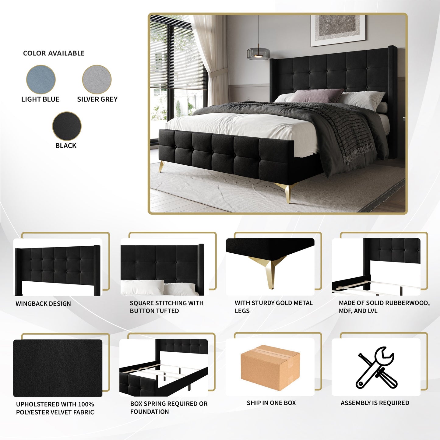 Karmane Square Button-Tufted Wingback Velvet Upholstered Bed