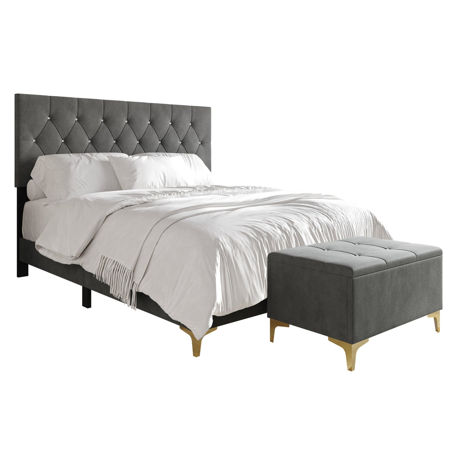Gatsby Crystal Diamond Tufted Velvet Upholstered Bed with Storage Bench
