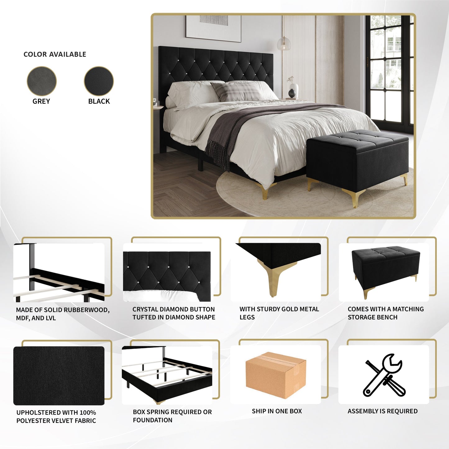 Gatsby Crystal Diamond Tufted Velvet Upholstered Bed with Storage Bench