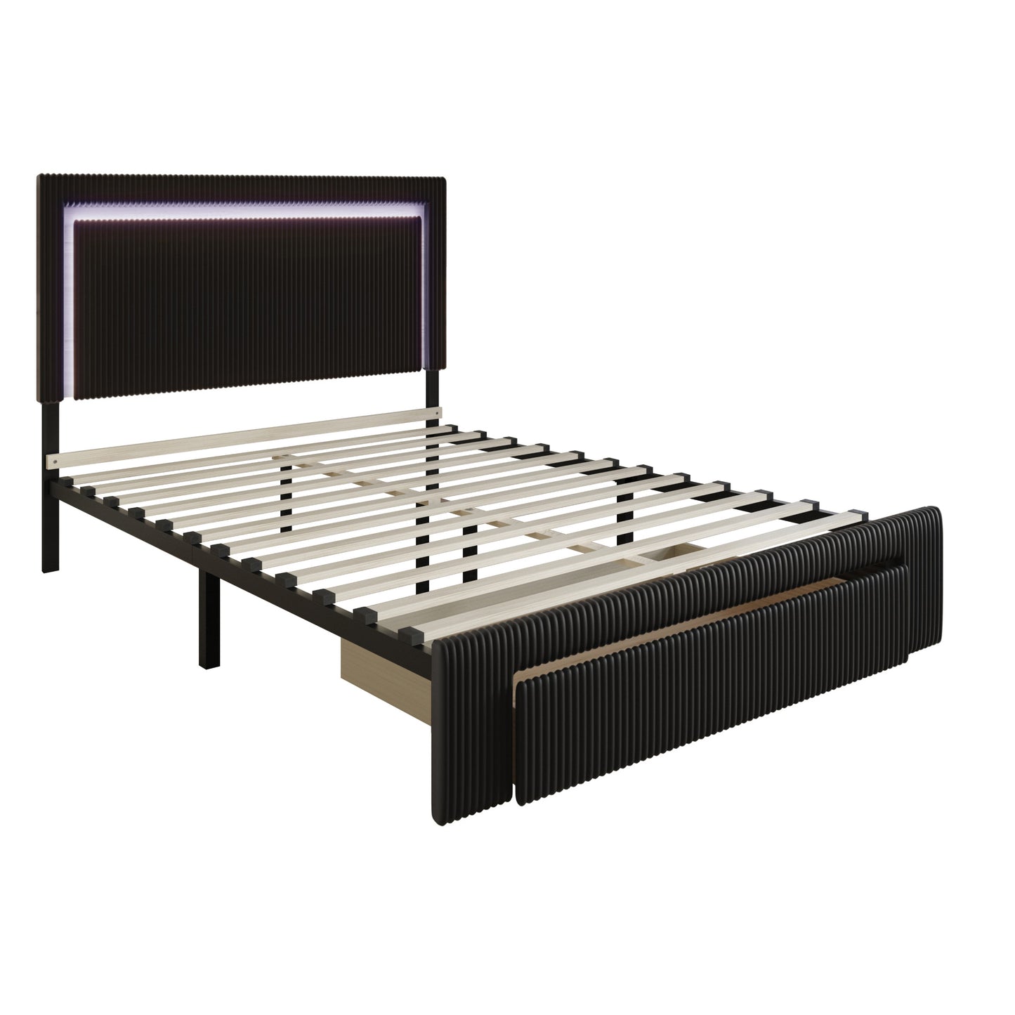 Gouker Velvet Tufted LED Light Platform Storage Bed