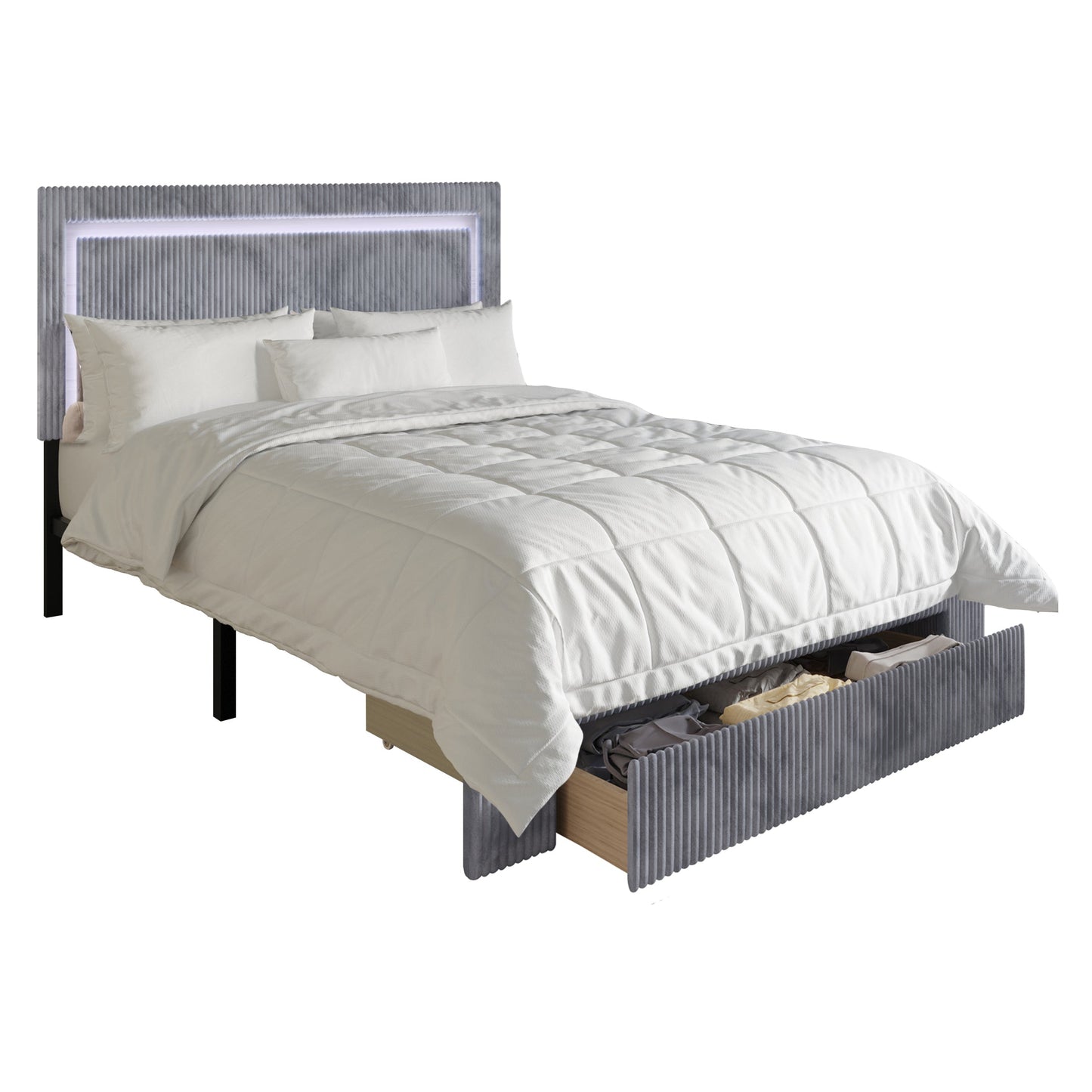 Gouker Velvet Tufted LED Light Platform Storage Bed