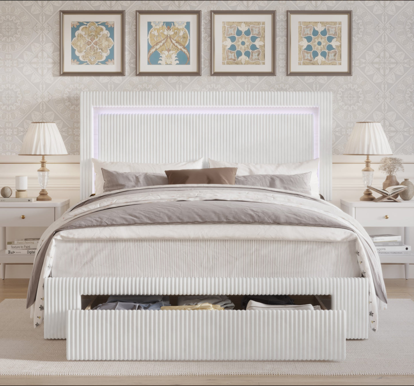 Gouker Velvet Tufted LED Light Platform Storage Bed
