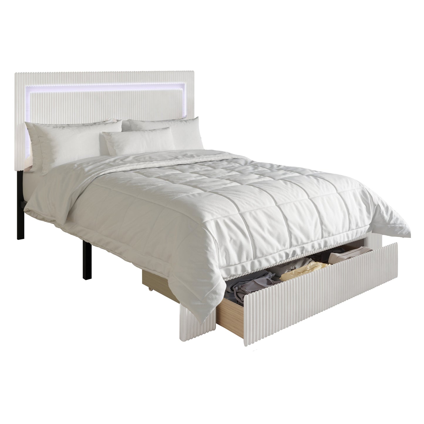 Gouker Velvet Tufted LED Light Platform Storage Bed