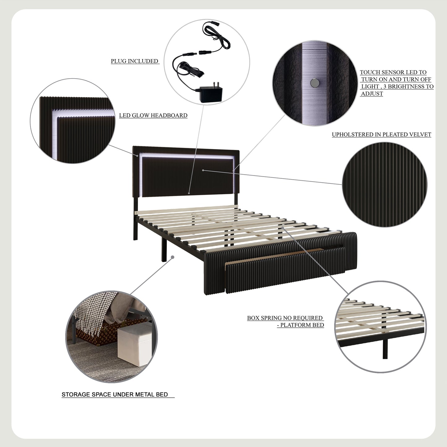 Gouker Velvet Tufted LED Light Platform Storage Bed