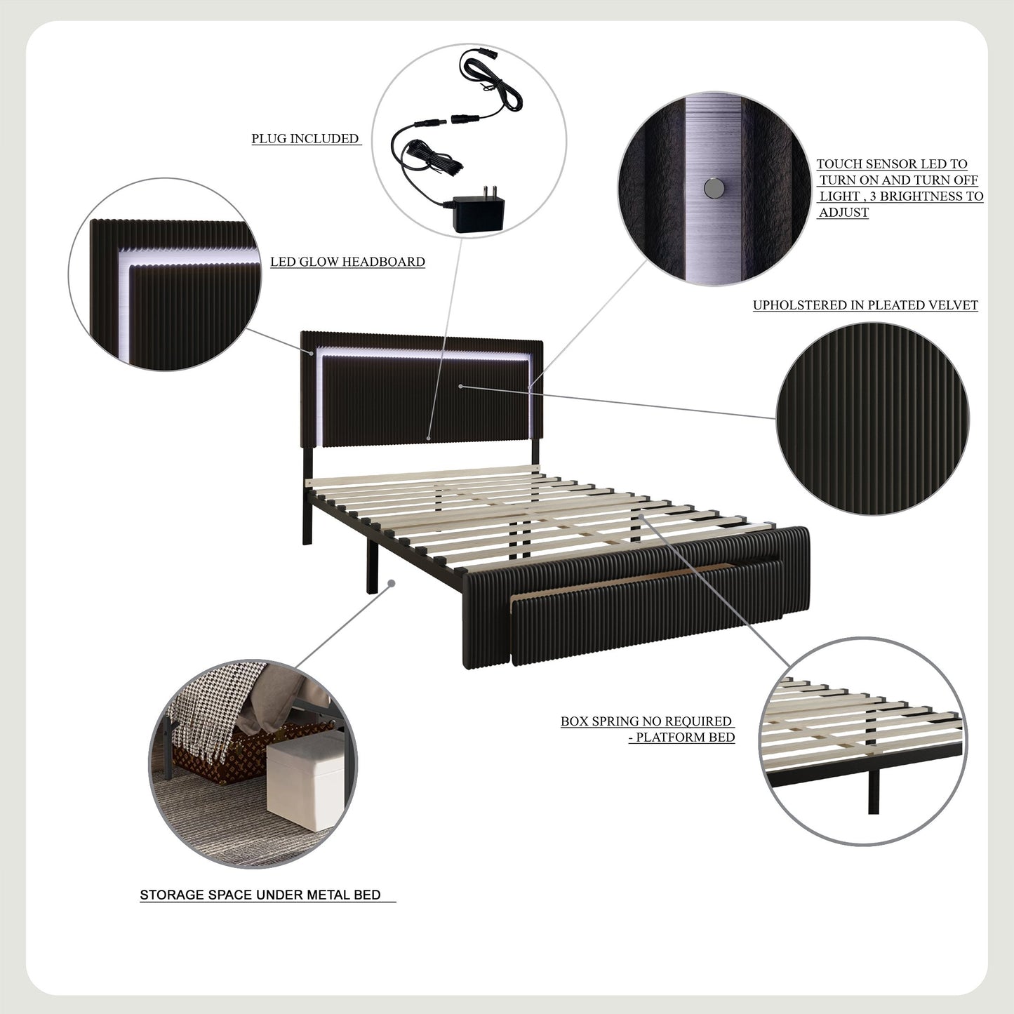 Gouker Velvet Tufted LED Light Platform Storage Bed