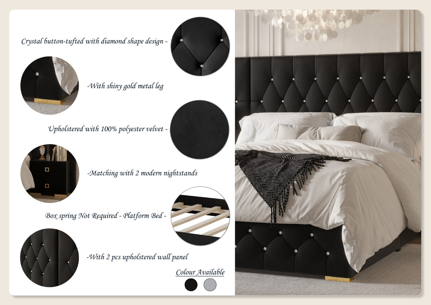 Titian Velvet Tufted Platform Bed with Wall Panels