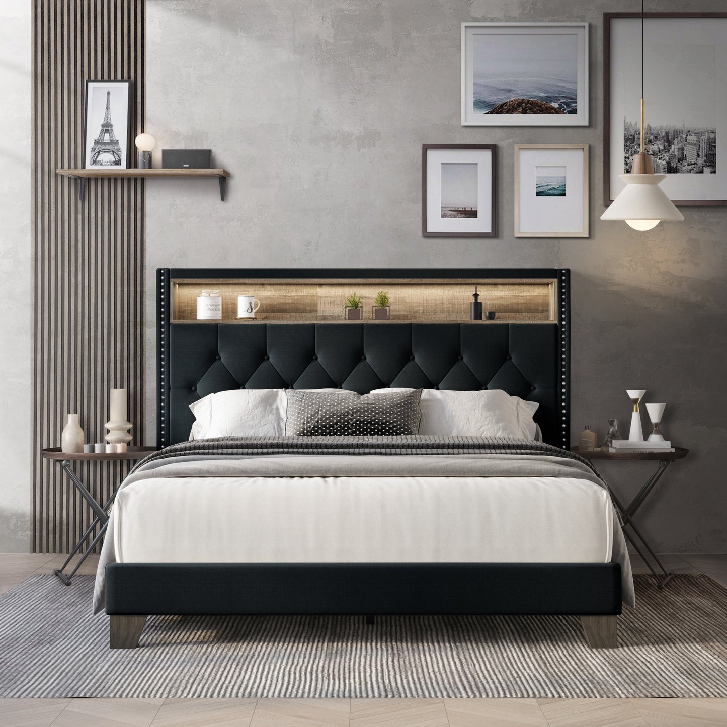 Fording Linen Button Tufted LED Glow Upholstered Bookcase Bed