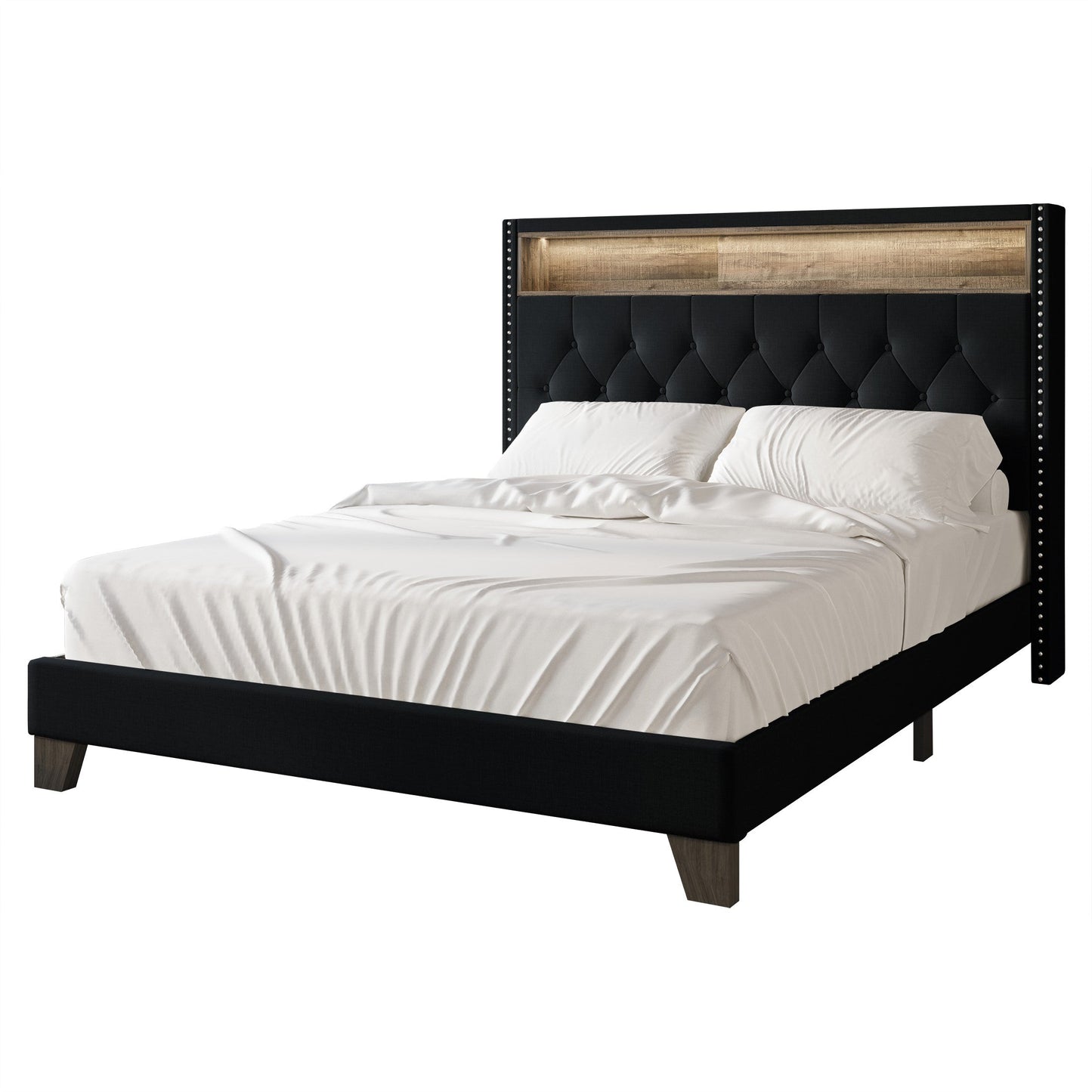 Fording Linen Button Tufted LED Glow Upholstered Bookcase Bed