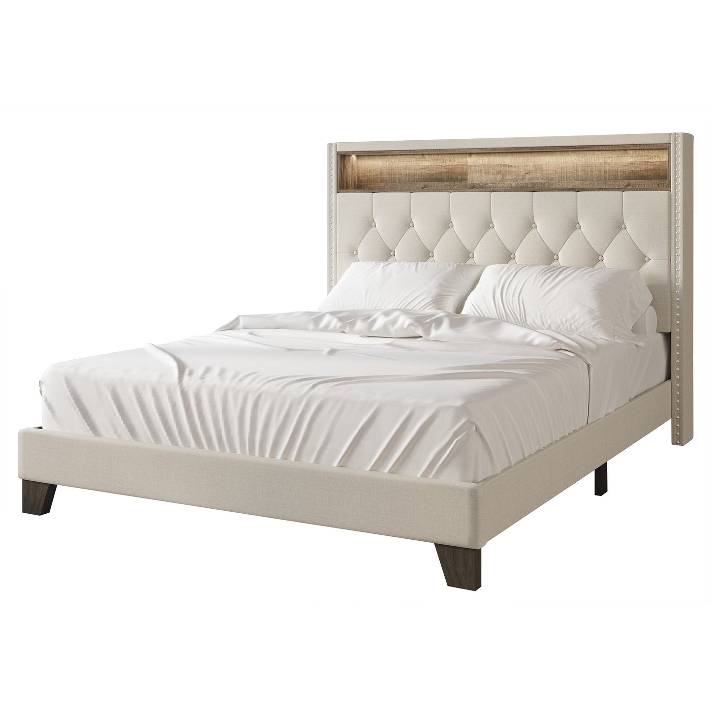 Fording Linen Button Tufted LED Glow Upholstered Bookcase Bed