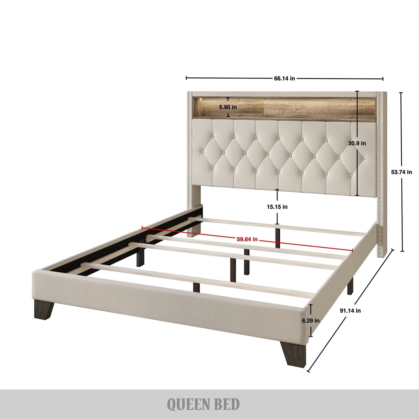 Fording Linen Button Tufted LED Glow Upholstered Bookcase Bed