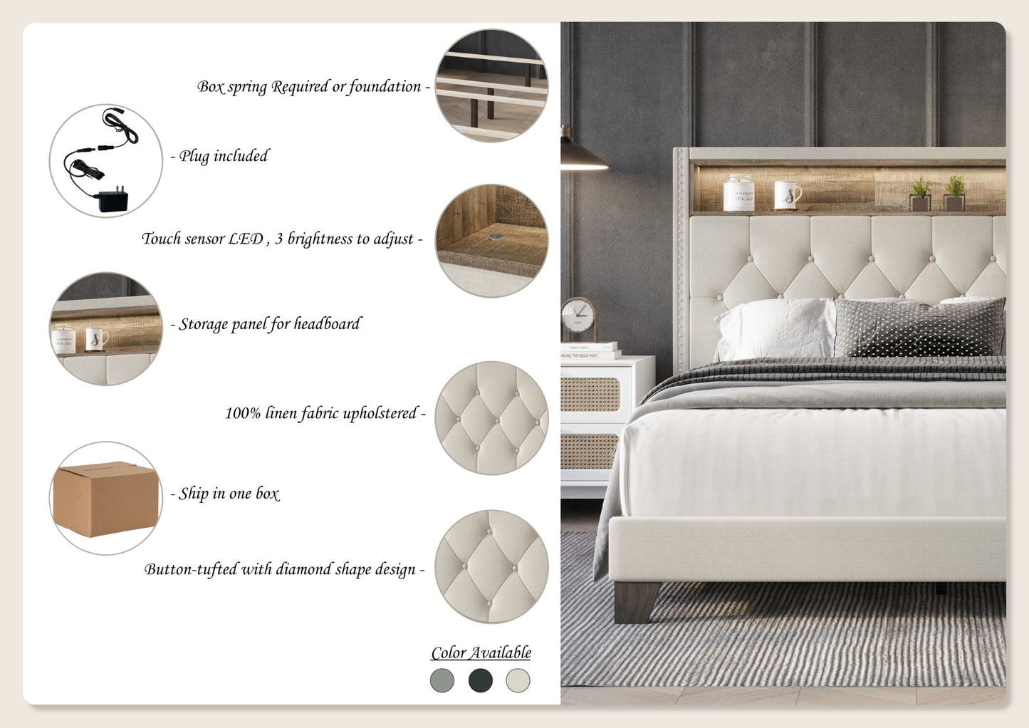 Fording Linen Button Tufted LED Glow Upholstered Bookcase Bed