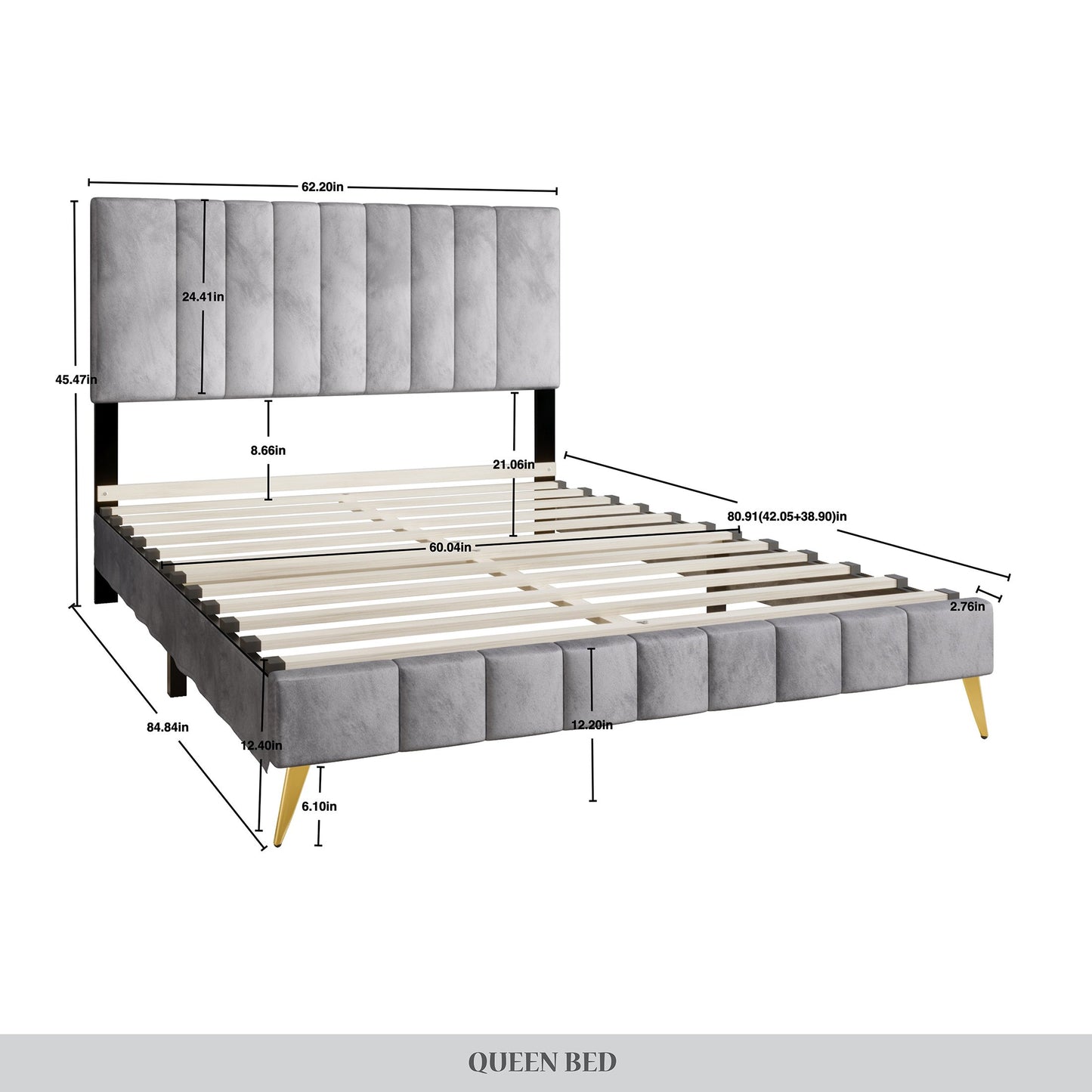 Gorgia Modern Velvet Tufted Upholstered Gold Accent Platform Bed