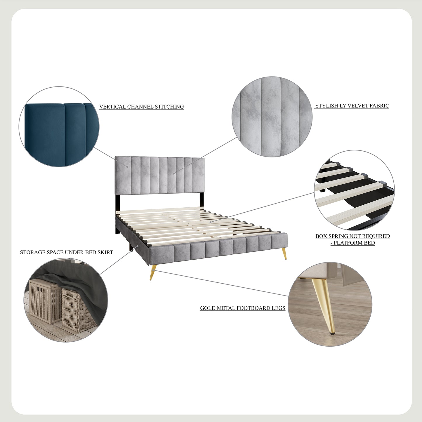 Gorgia Modern Velvet Tufted Upholstered Gold Accent Platform Bed
