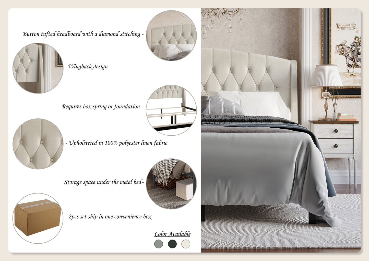 Rissie 3 Piece Bedroom Nightstands Set Classic Button Tufted Bed
