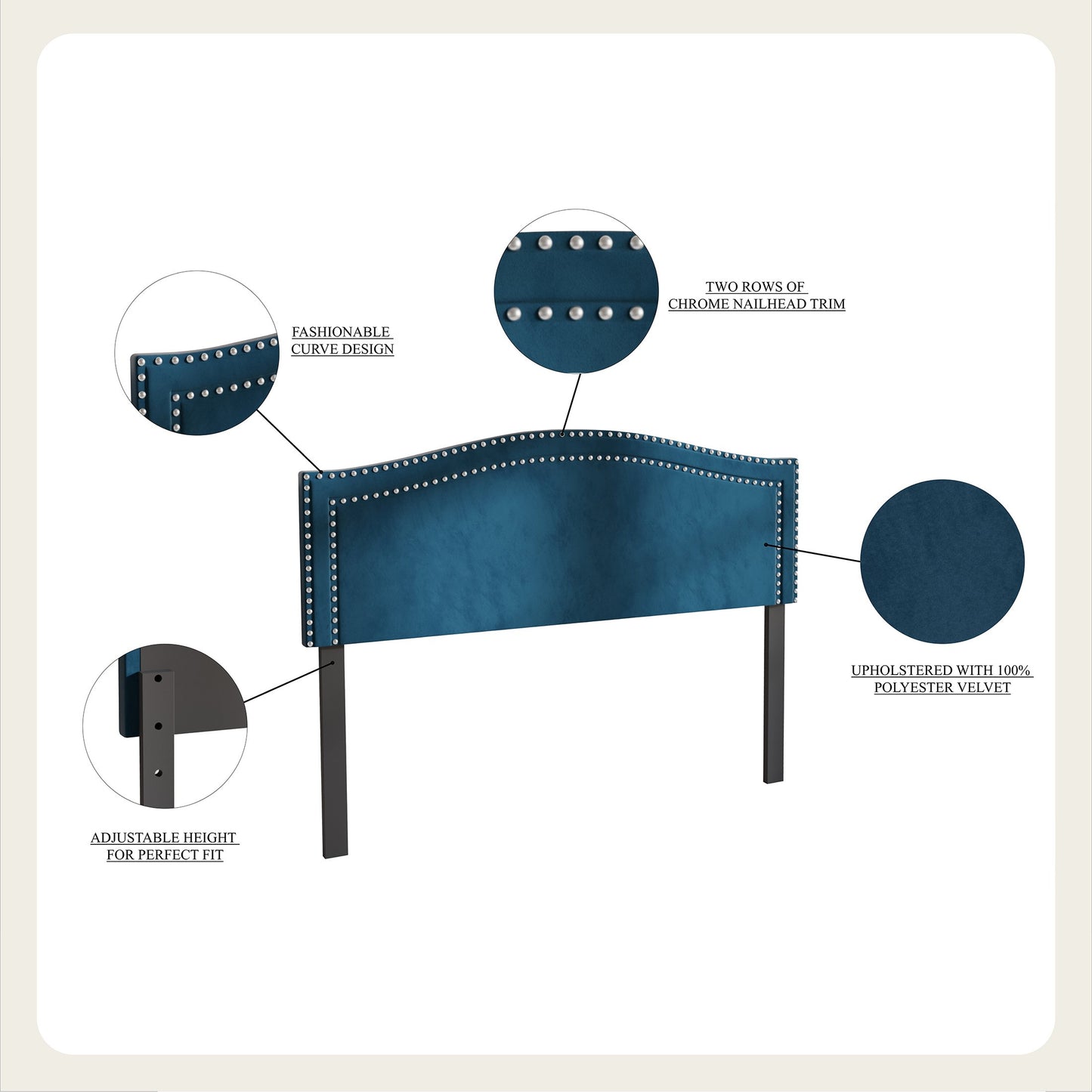 Duyne Velvet Nailhead Trim Upholstered Adjustable Headboard