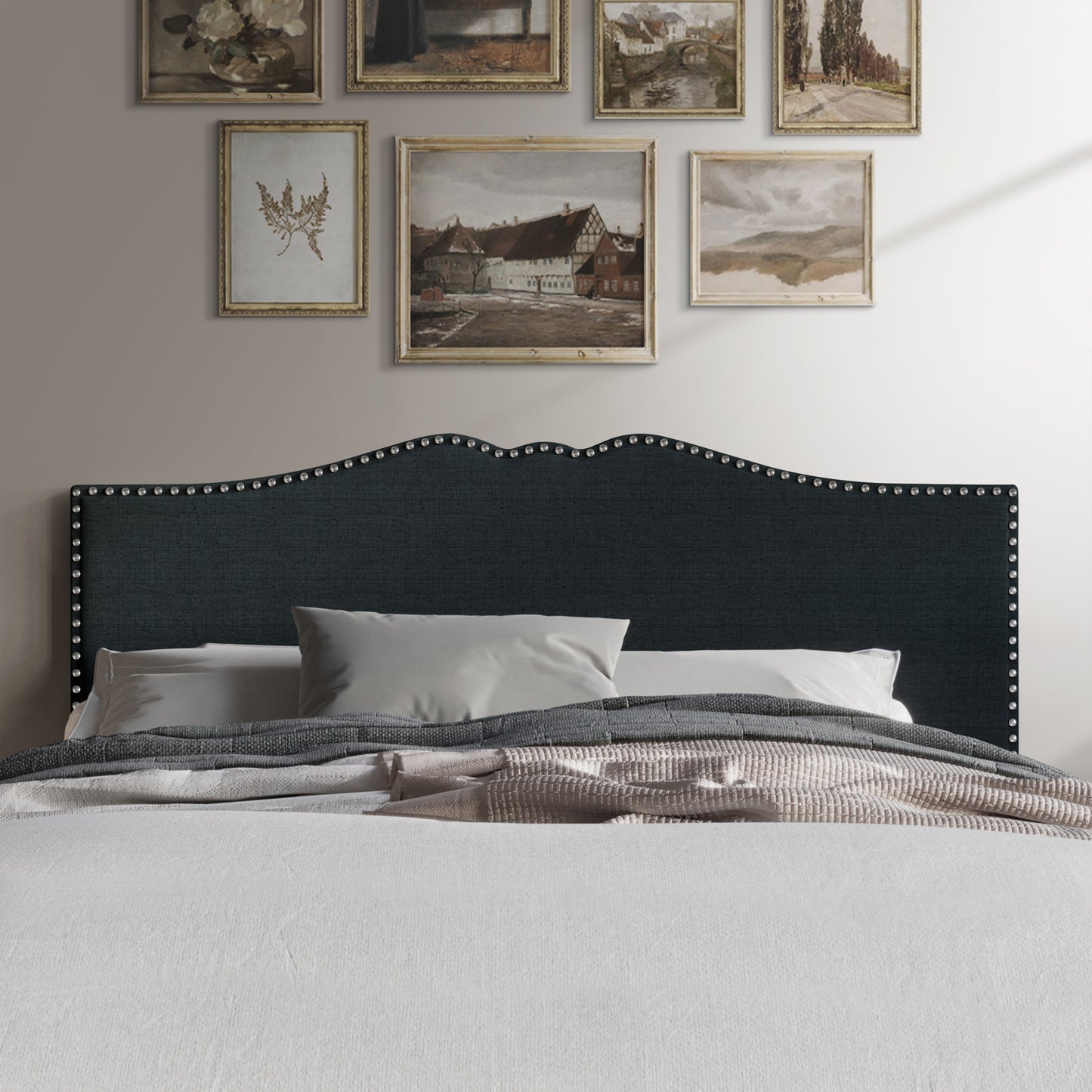 Isahbella Linen Nailhead Curvaceous Upholstered Adjustable Headboard