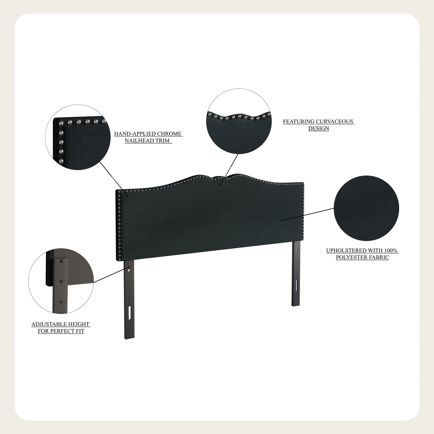 Isahbella Linen Nailhead Curvaceous Upholstered Adjustable Headboard