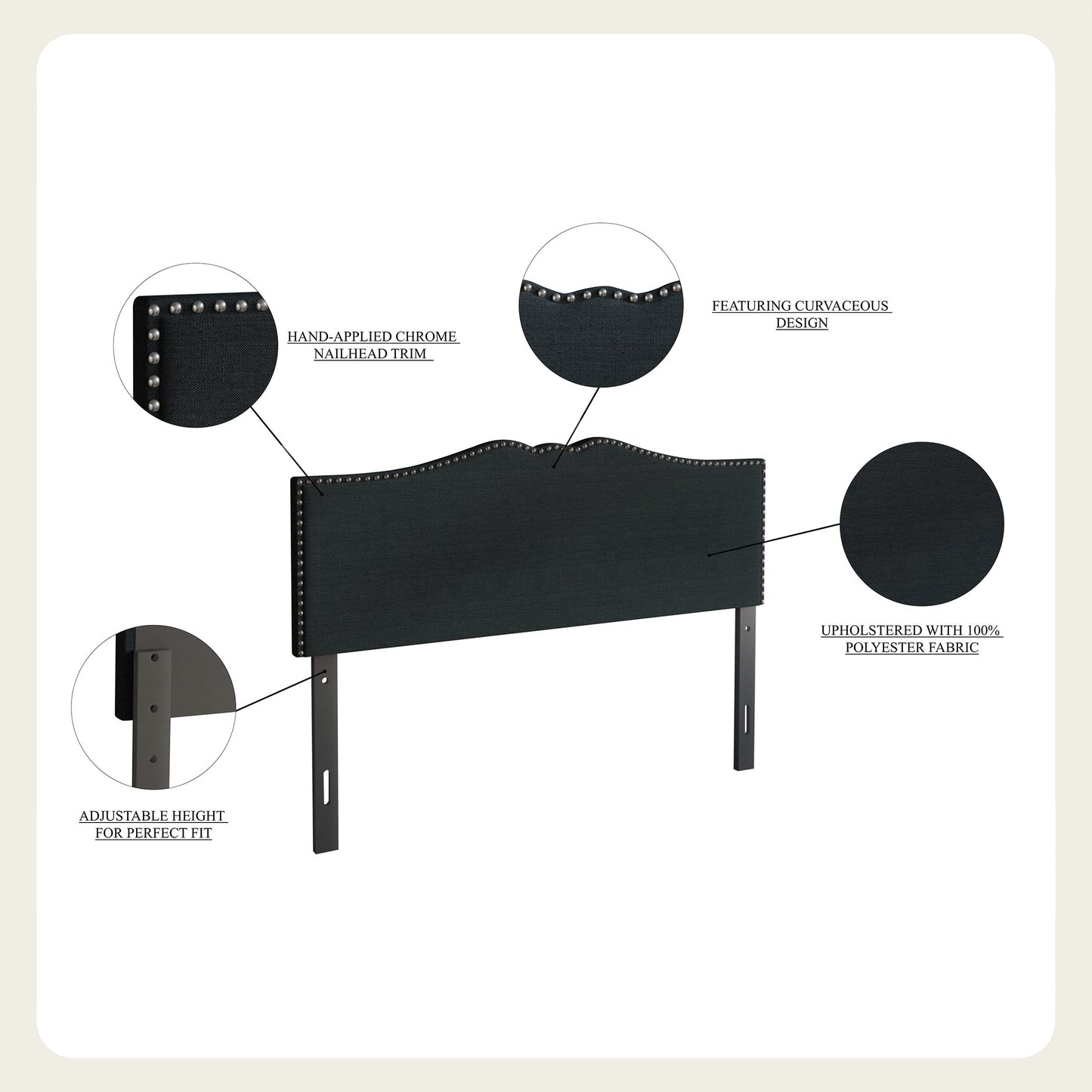Isahbella Linen Nailhead Curvaceous Upholstered Adjustable Headboard