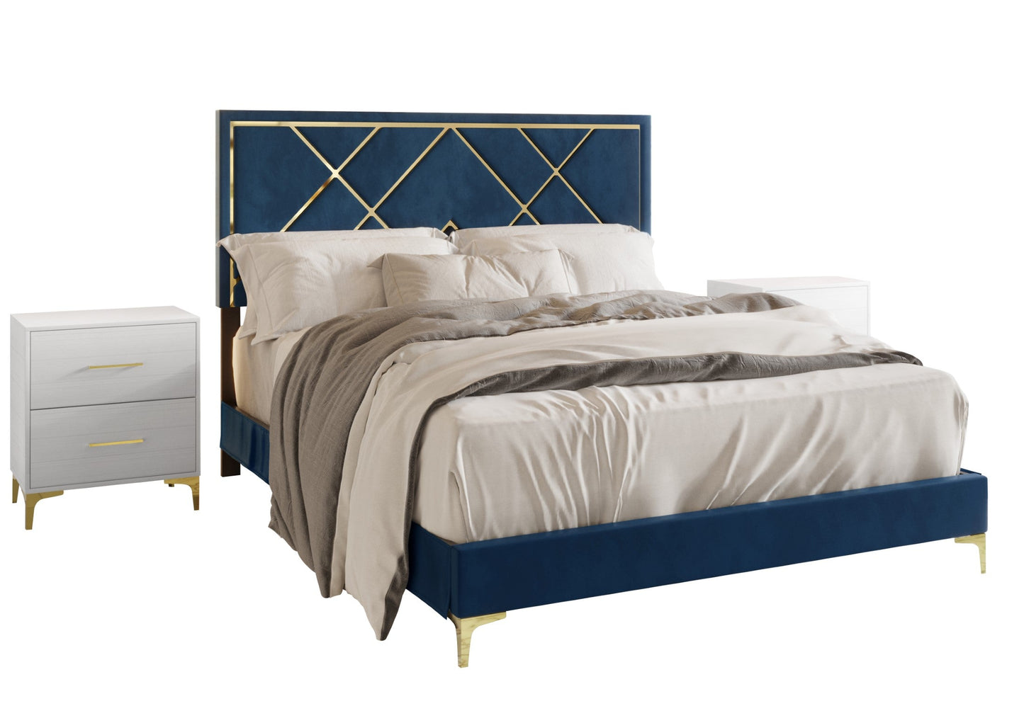 Lausyn 3 Piece Bedroom Nightstands Set Velvet Upholstered Bed