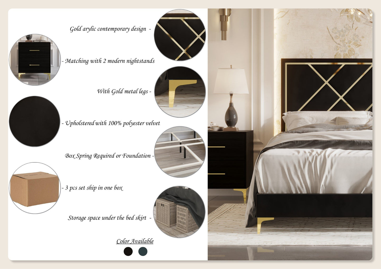 Lausyn 3 Piece Bedroom Nightstands Set Velvet Upholstered Bed
