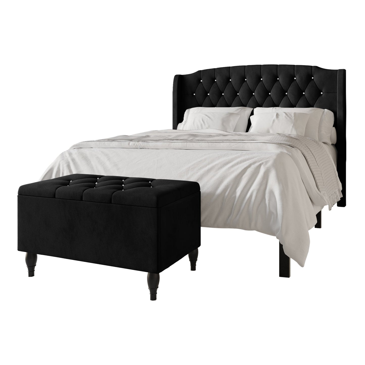 Tyreese 2 Piece Bedroom Bench Set Velvet Wingback Upholstered Bed