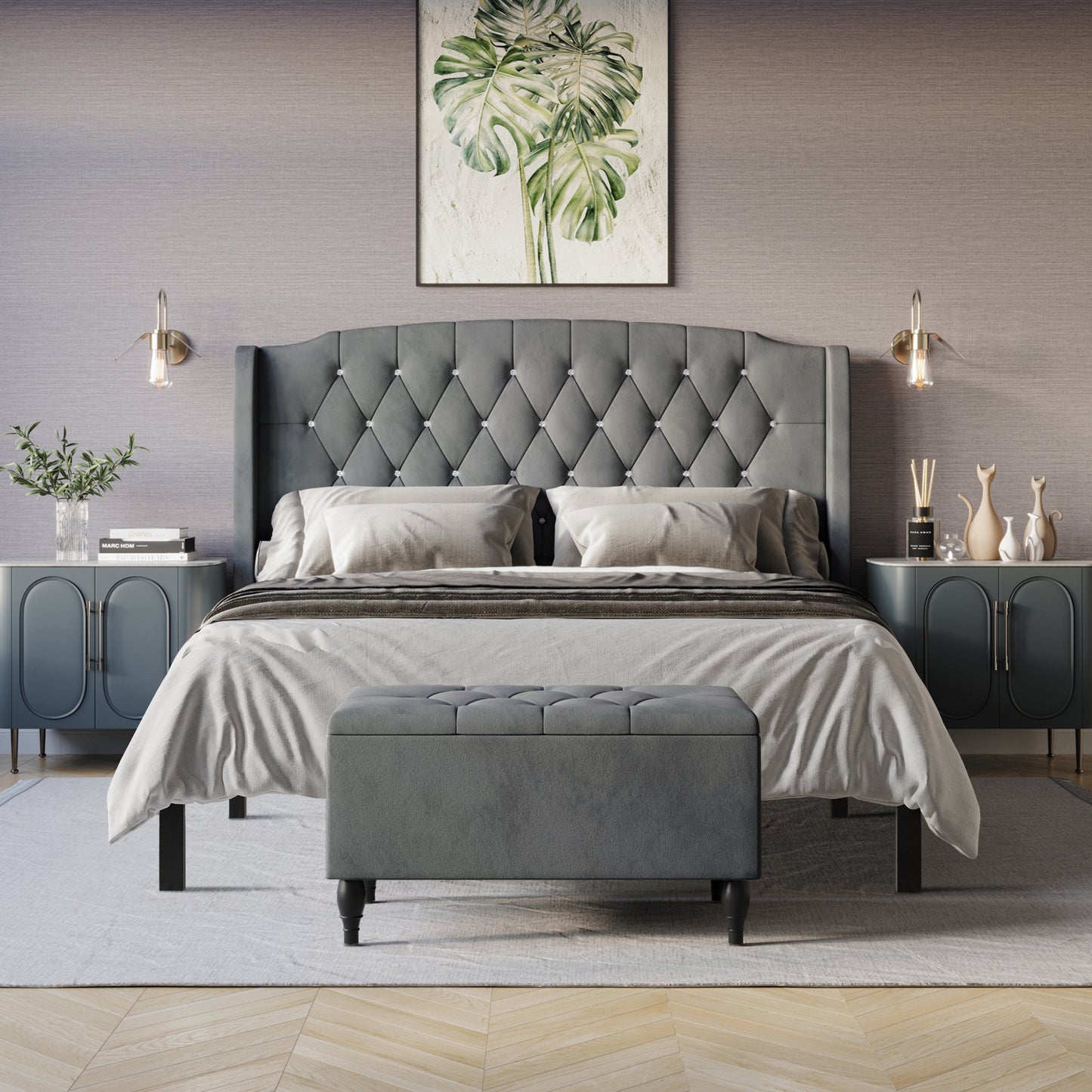 Tyreese 2 Piece Bedroom Bench Set Velvet Wingback Upholstered Bed