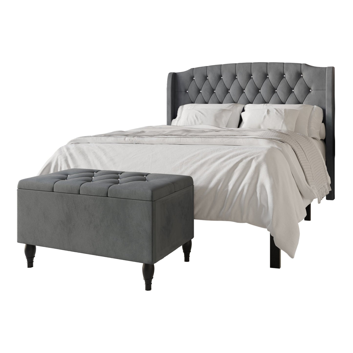 Tyreese 2 Piece Bedroom Bench Set Velvet Wingback Upholstered Bed