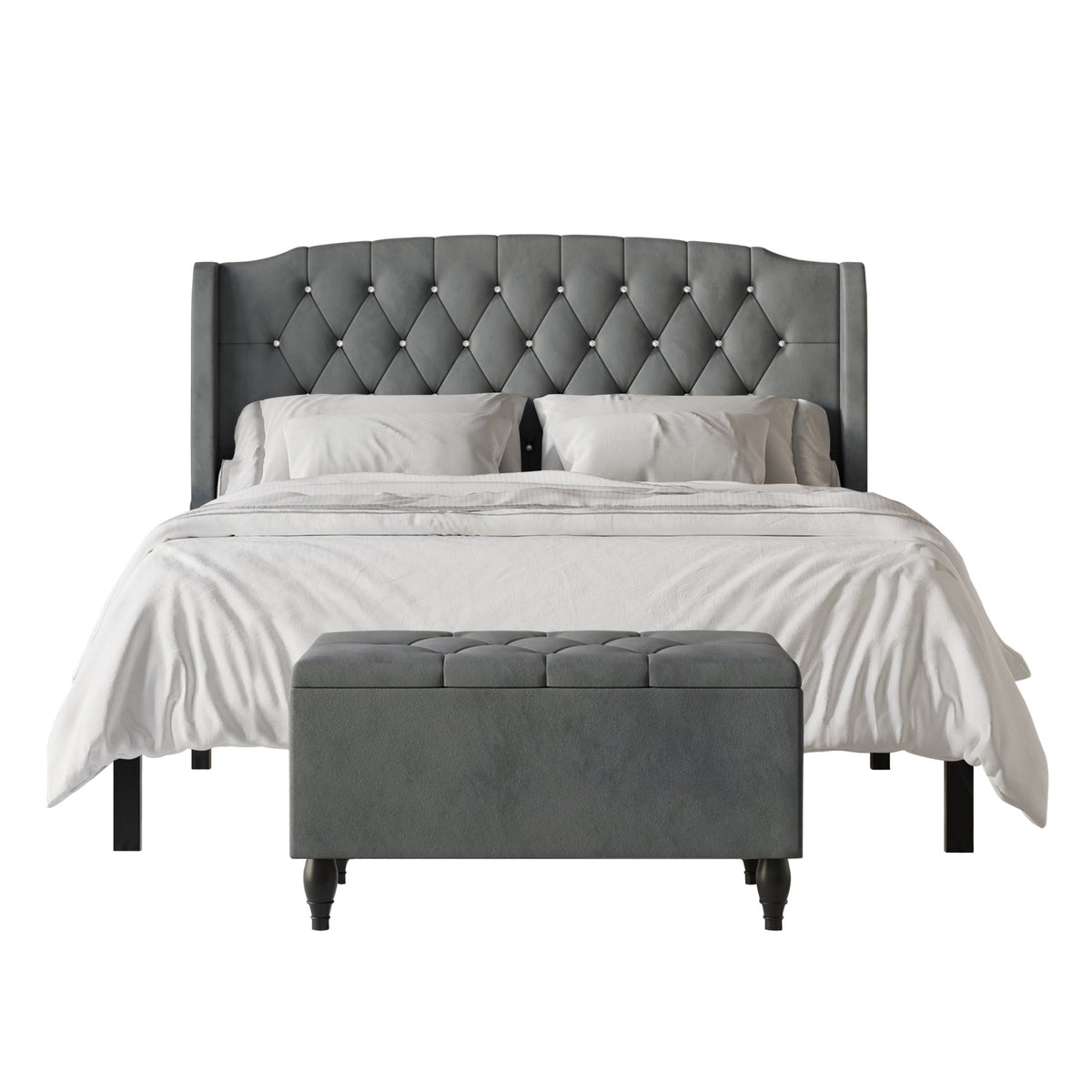 Tyreese 2 Piece Bedroom Bench Set Velvet Wingback Upholstered Bed