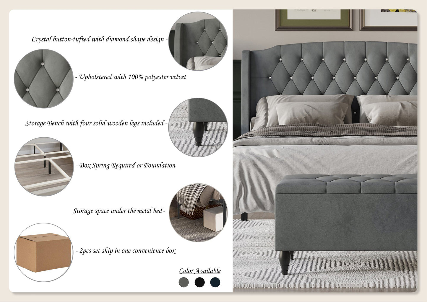 Tyreese 2 Piece Bedroom Bench Set Velvet Wingback Upholstered Bed