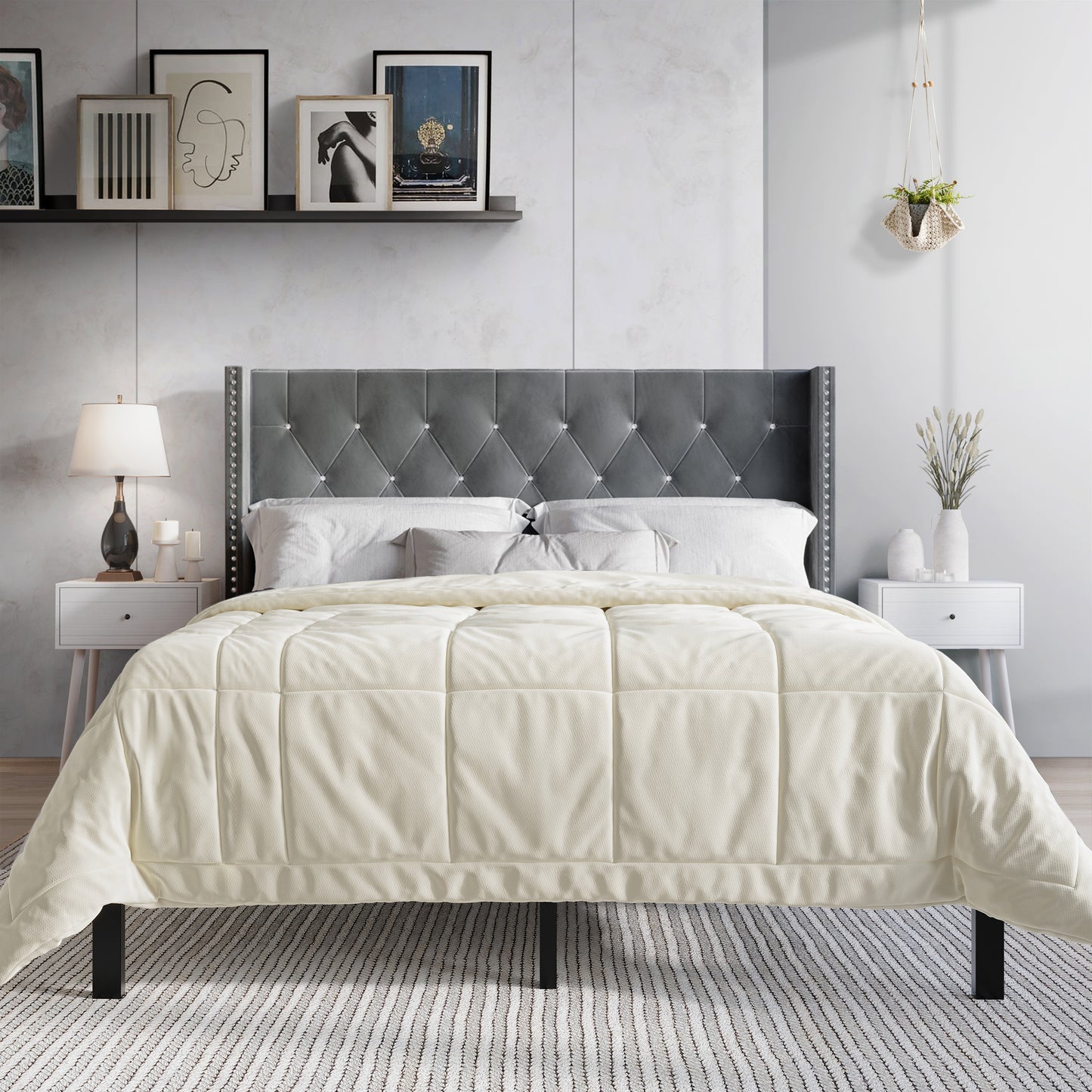 Eymi 3 Piece Bedroom Nightstands Set Wingback Tufted Bed