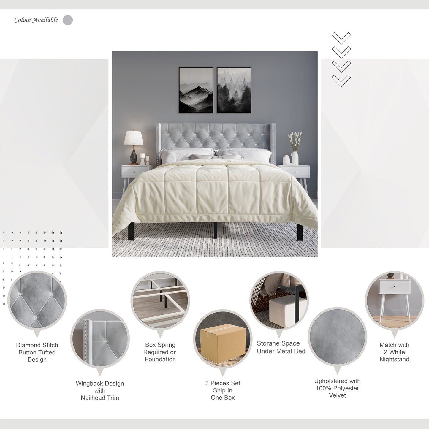 Eymi 3 Piece Bedroom Nightstands Set Wingback Tufted Bed