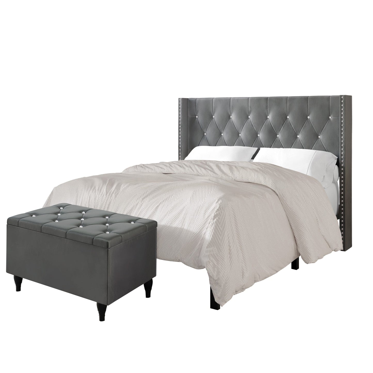Falaq 2 Piece Bedroom Bench Set Velvet Wingback Upholstered Bed