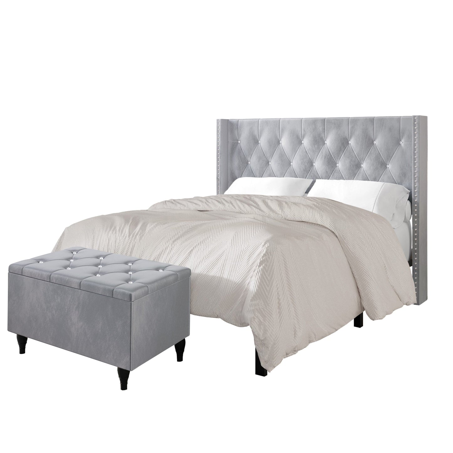 Falaq 2 Piece Bedroom Bench Set Velvet Wingback Upholstered Bed