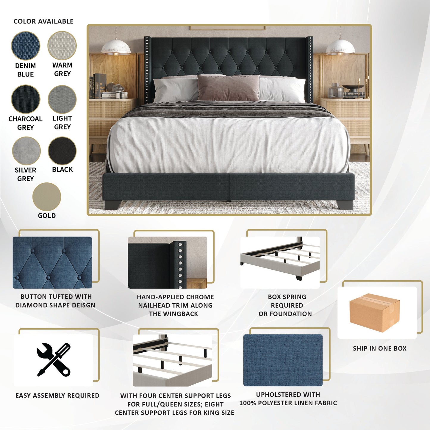 Elysian Button Tufted Wingback Upholstered Bed