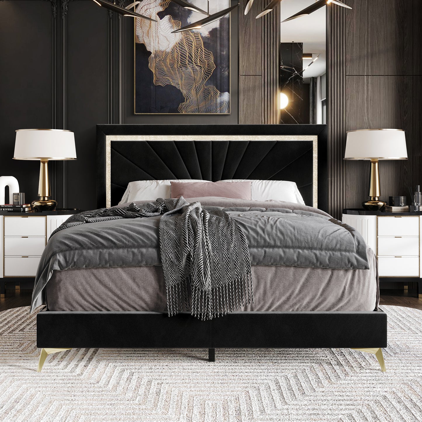 Soufian Diamond Strip Velvet Upholstered Bed