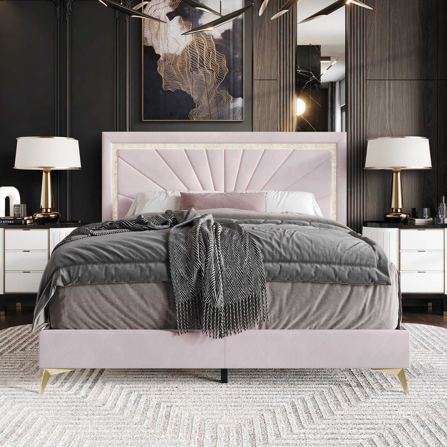 Soufian Diamond Strip Velvet Upholstered Bed