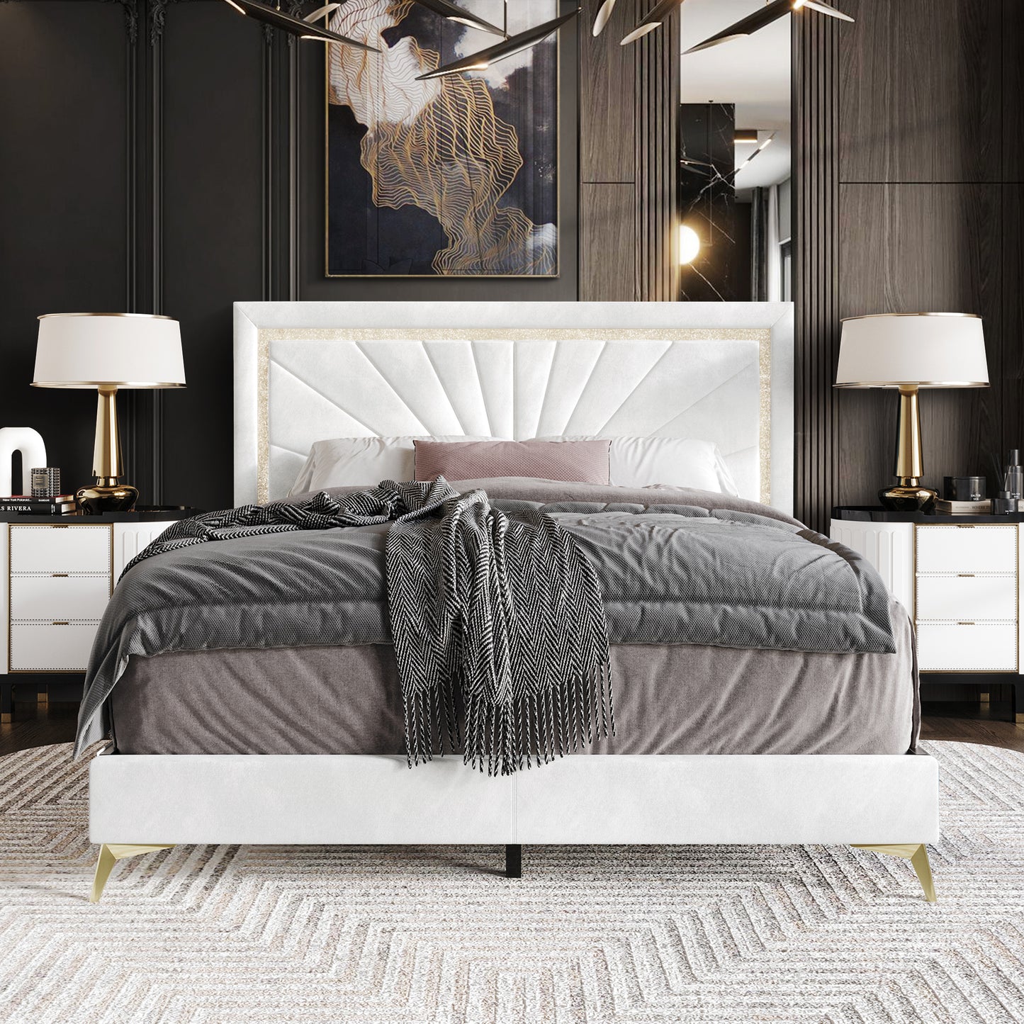 Soufian Diamond Strip Velvet Upholstered Bed
