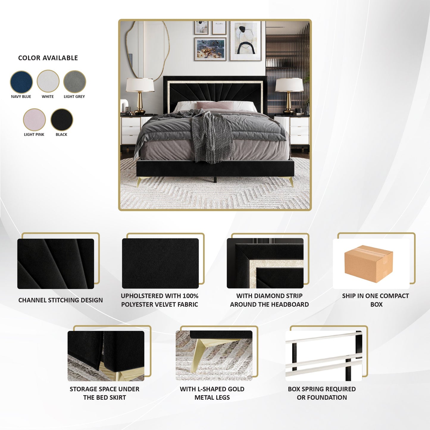 Soufian Diamond Strip Velvet Upholstered Bed