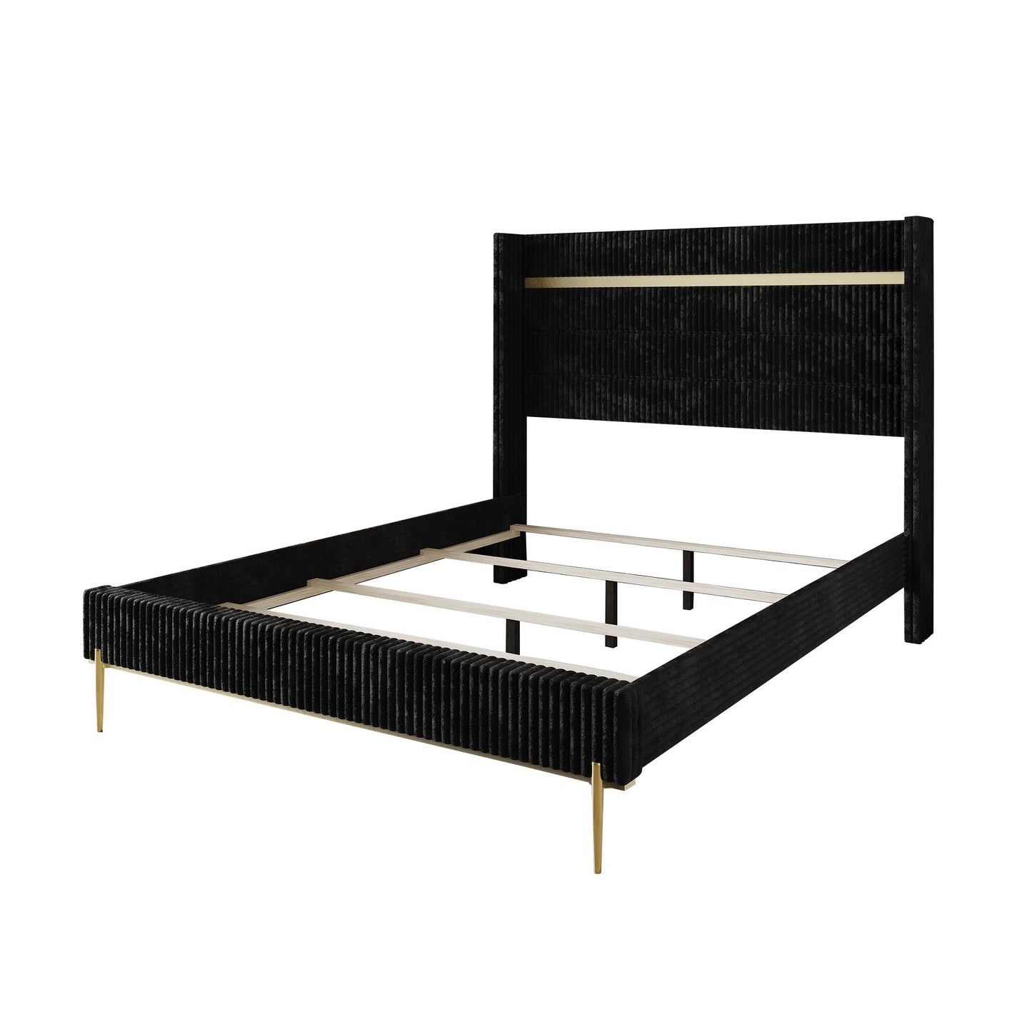 Anaika Gold PU Strip Wingback Velvet Upholstered Bed