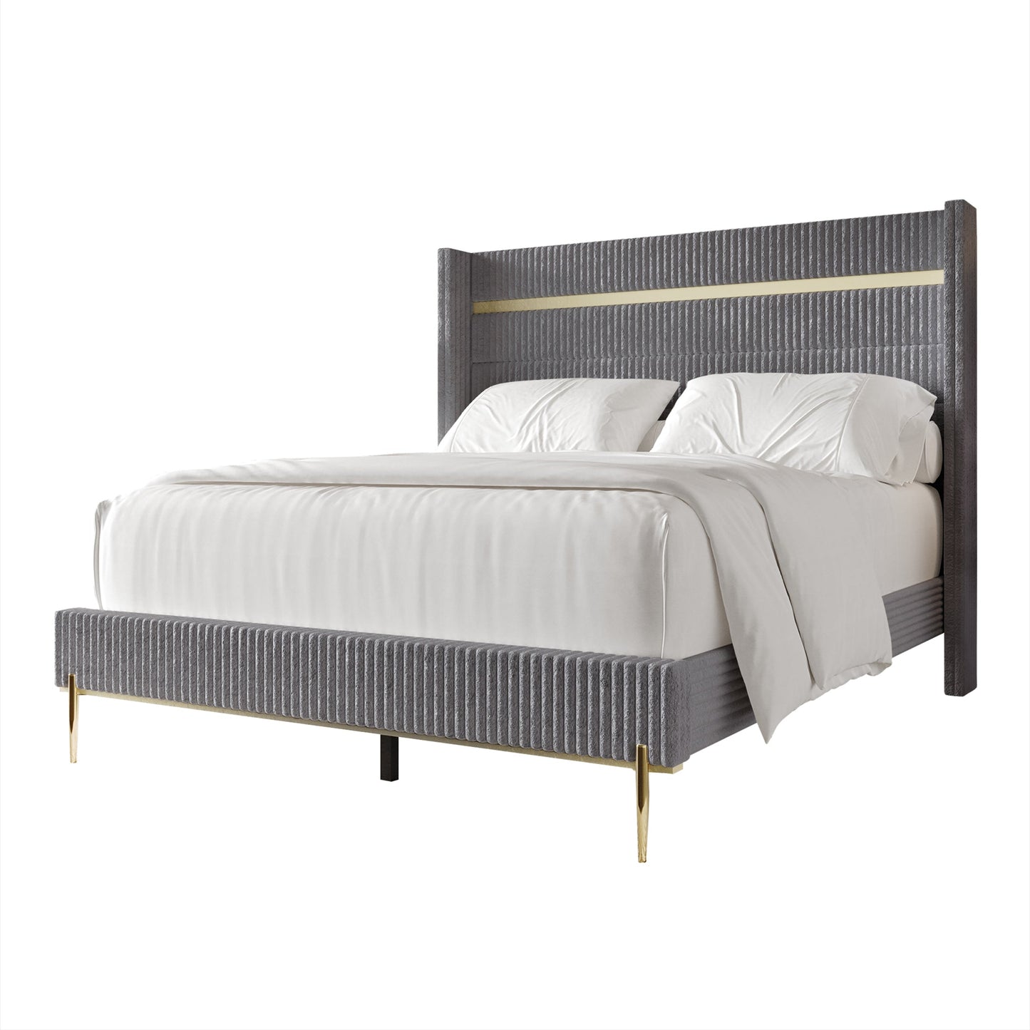 Anaika Gold PU Strip Wingback Velvet Upholstered Bed