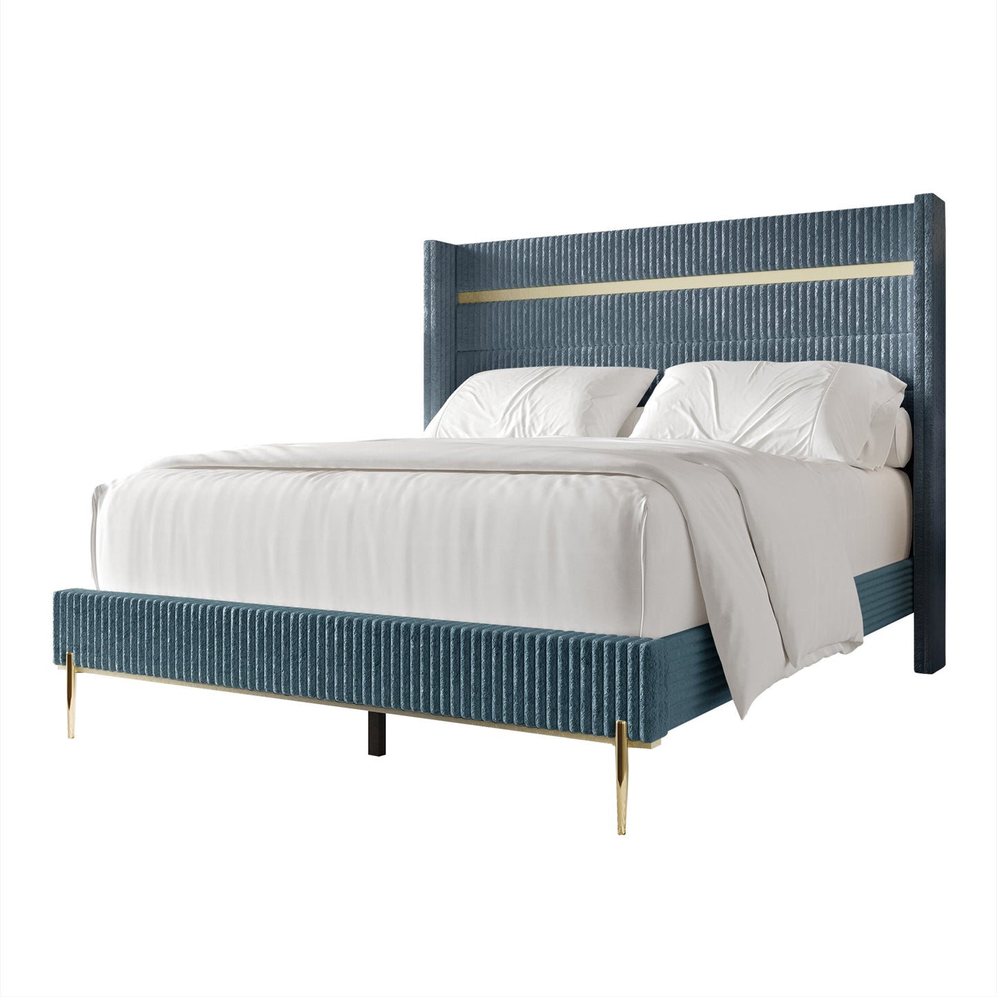 Anaika Gold PU Strip Wingback Velvet Upholstered Bed