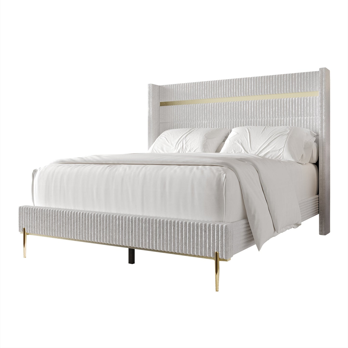 Anaika Gold PU Strip Wingback Velvet Upholstered Bed