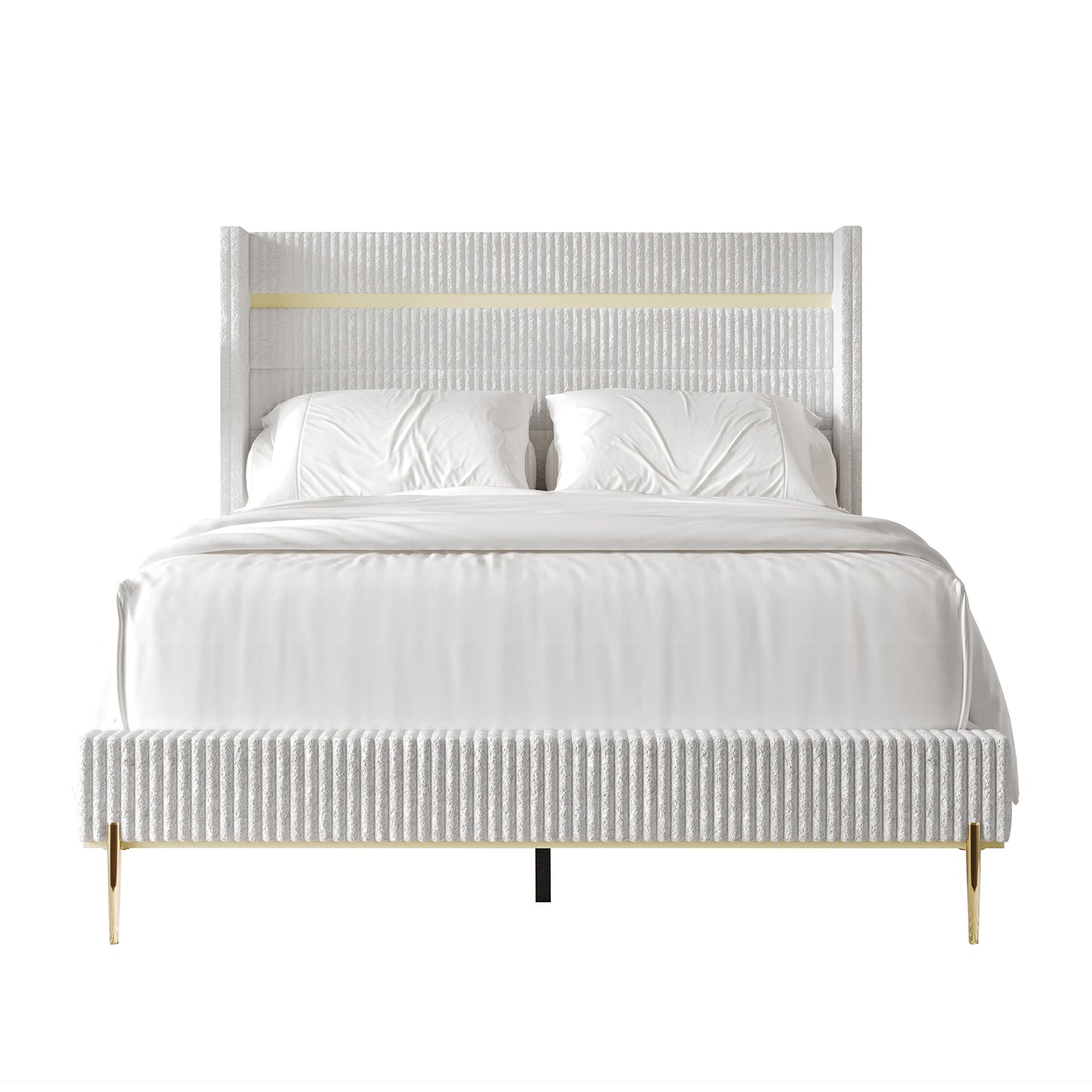 Anaika Gold PU Strip Wingback Velvet Upholstered Bed