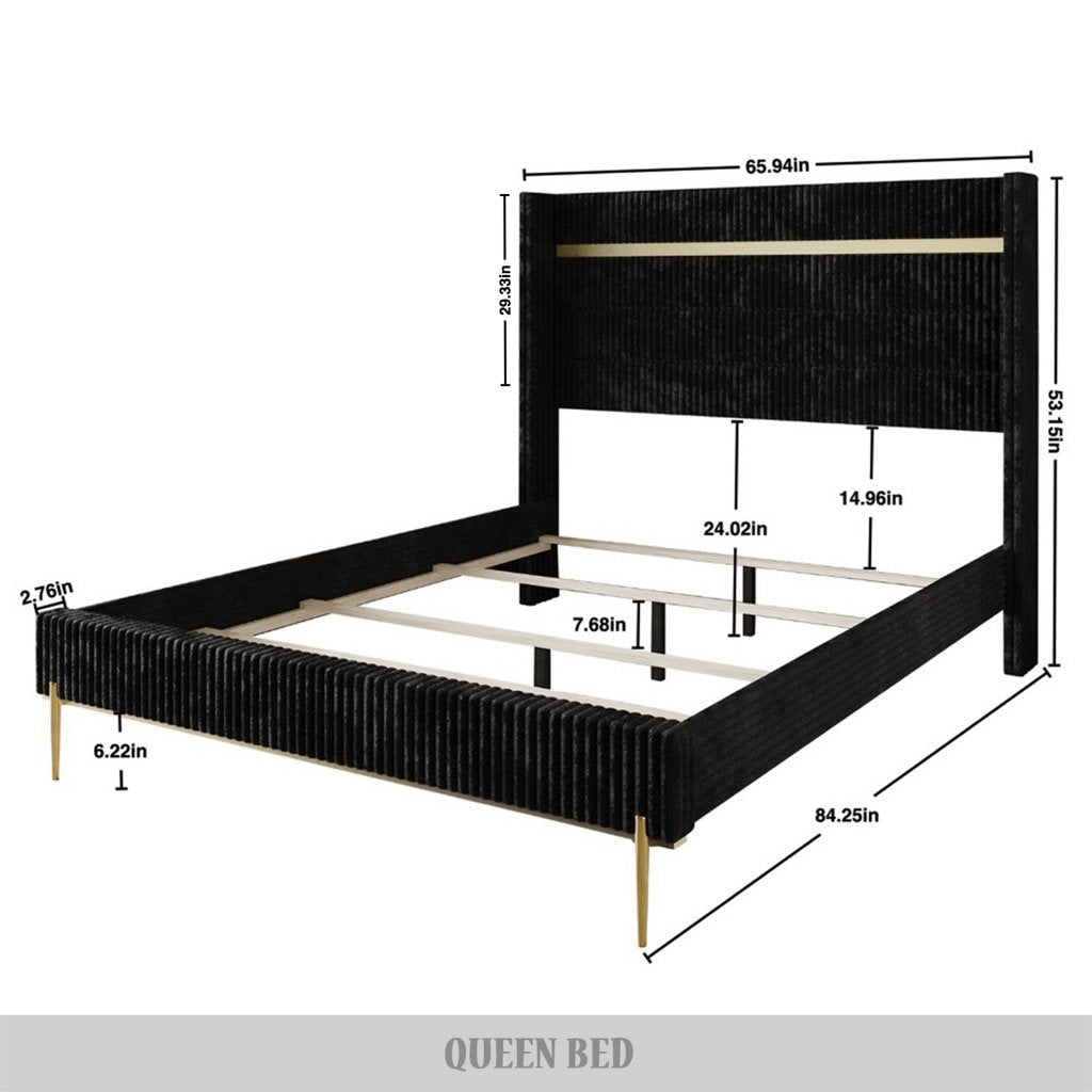 Anaika Gold PU Strip Wingback Velvet Upholstered Bed
