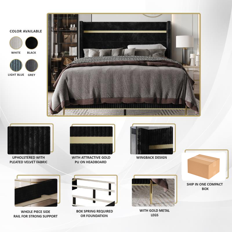 Anaika Gold PU Strip Wingback Velvet Upholstered Bed