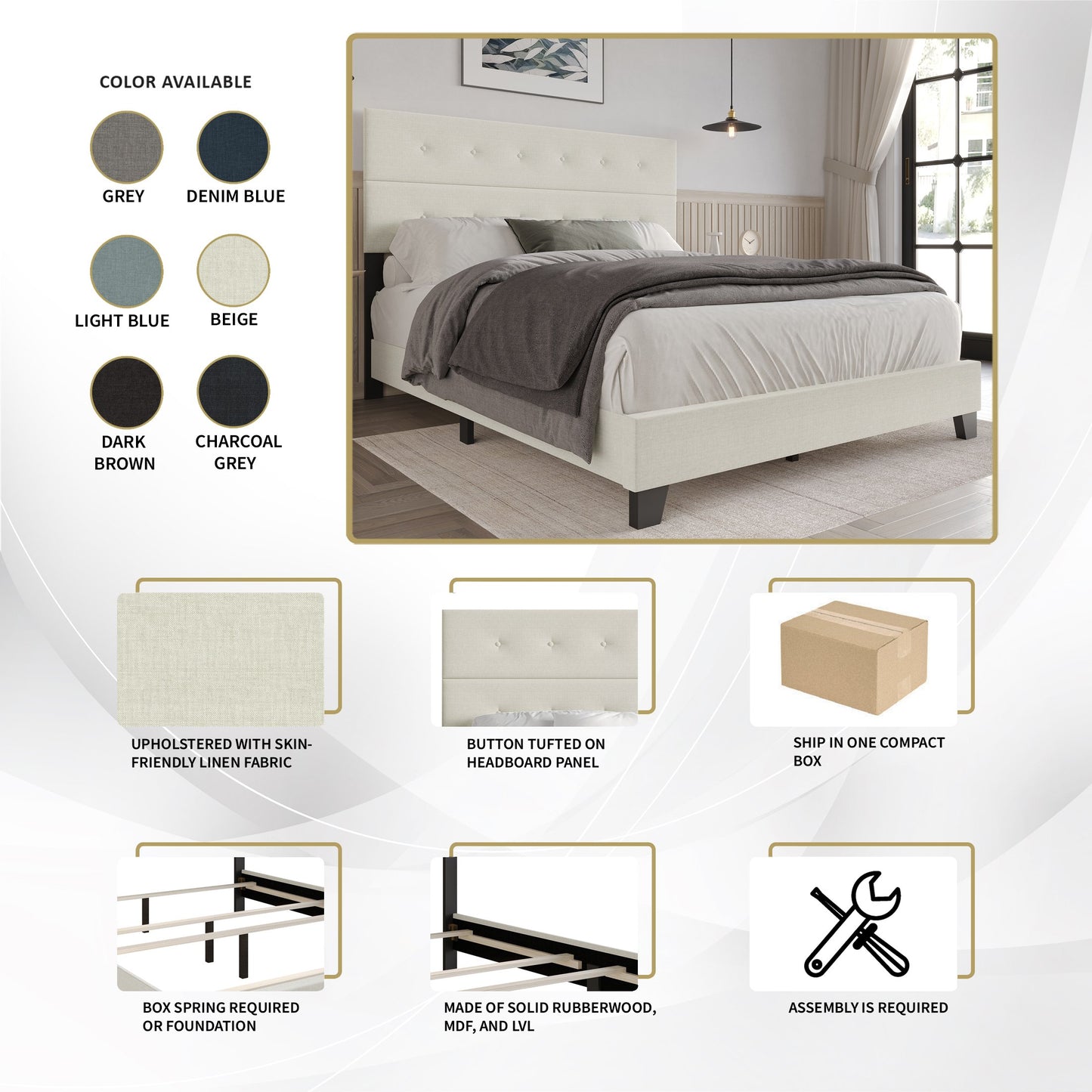 Sherlyne Button Tufted Upholstered Linen Bed