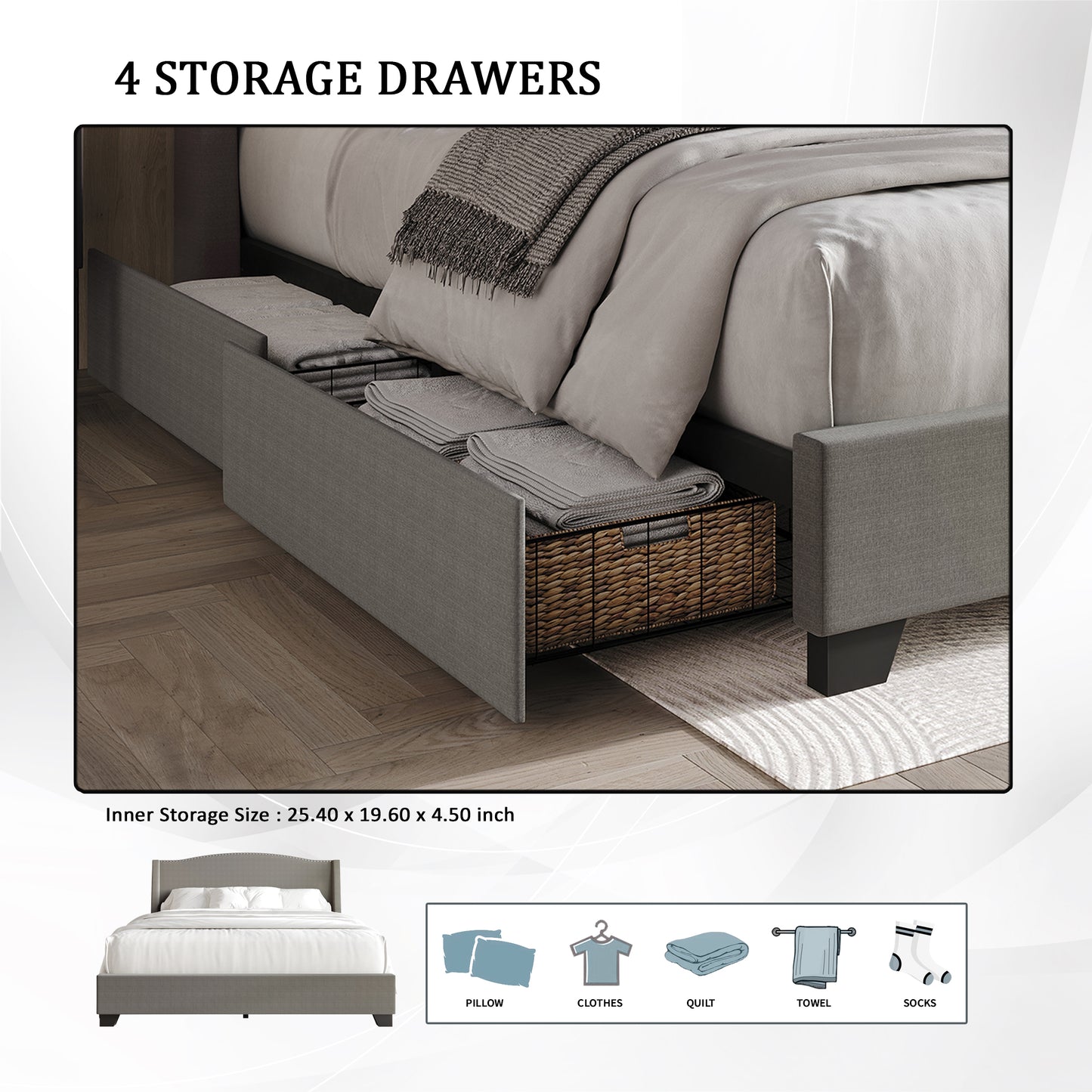 Nikrae Chrome Nailhead Wingback Upholstered Bed with Drawers