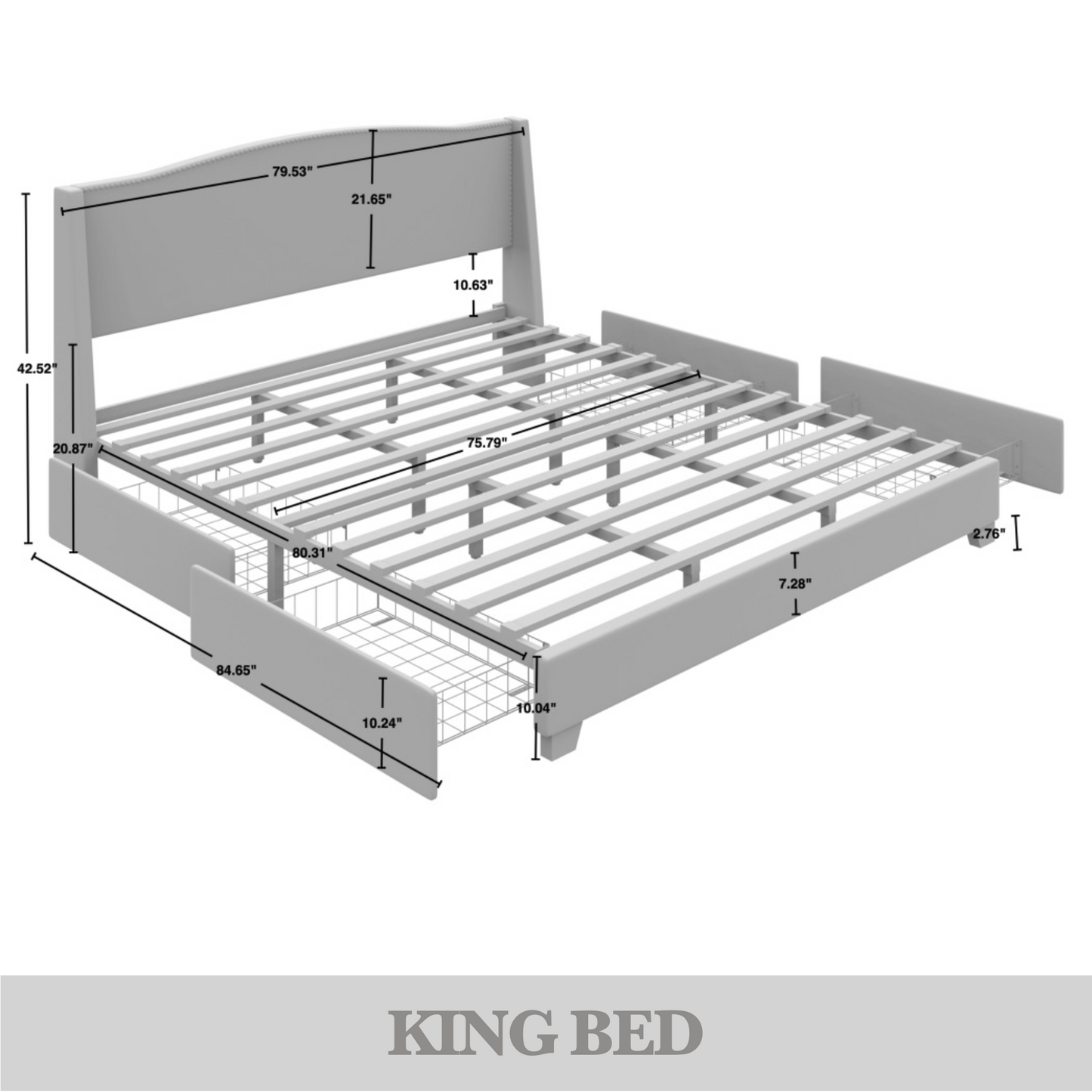 Nikrae Chrome Nailhead Wingback Upholstered Bed with Drawers