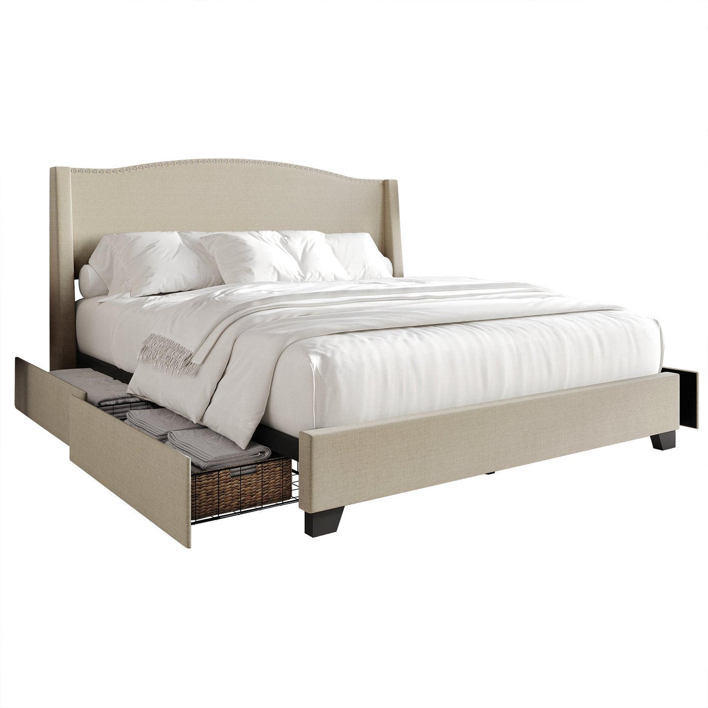 Nikrae Chrome Nailhead Wingback Upholstered Bed with Drawers