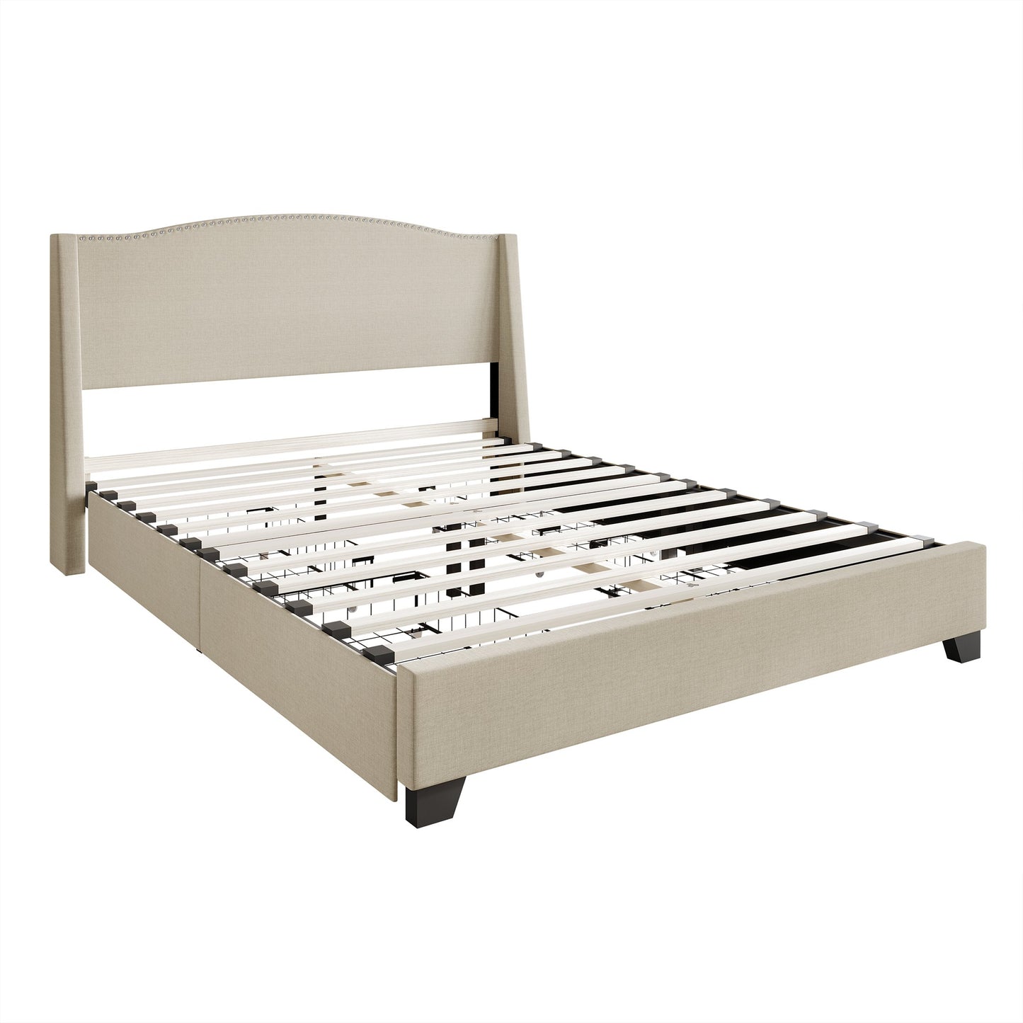 Nikrae Chrome Nailhead Wingback Upholstered Bed with Drawers